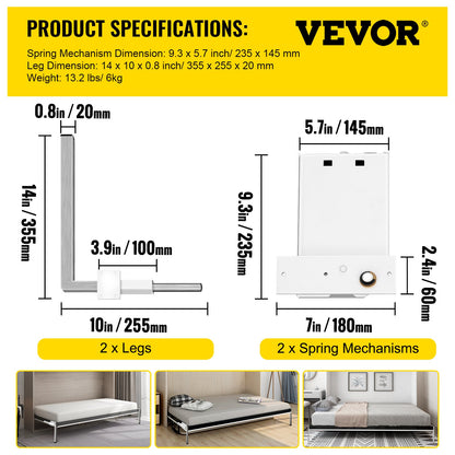 Murphy Assembly Wall Springs Mechanism Heavy Duty Support Hardware DIY Kit for Queen Twin Size Bed (Horizontal), White
