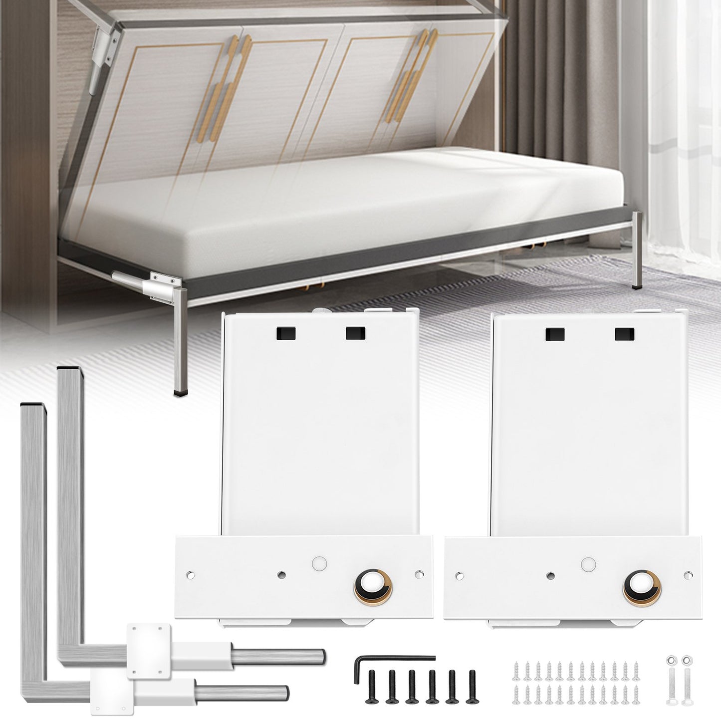 Murphy Assembly Wall Springs Mechanism Heavy Duty Support Hardware DIY Kit for Queen Twin Size Bed (Horizontal), White