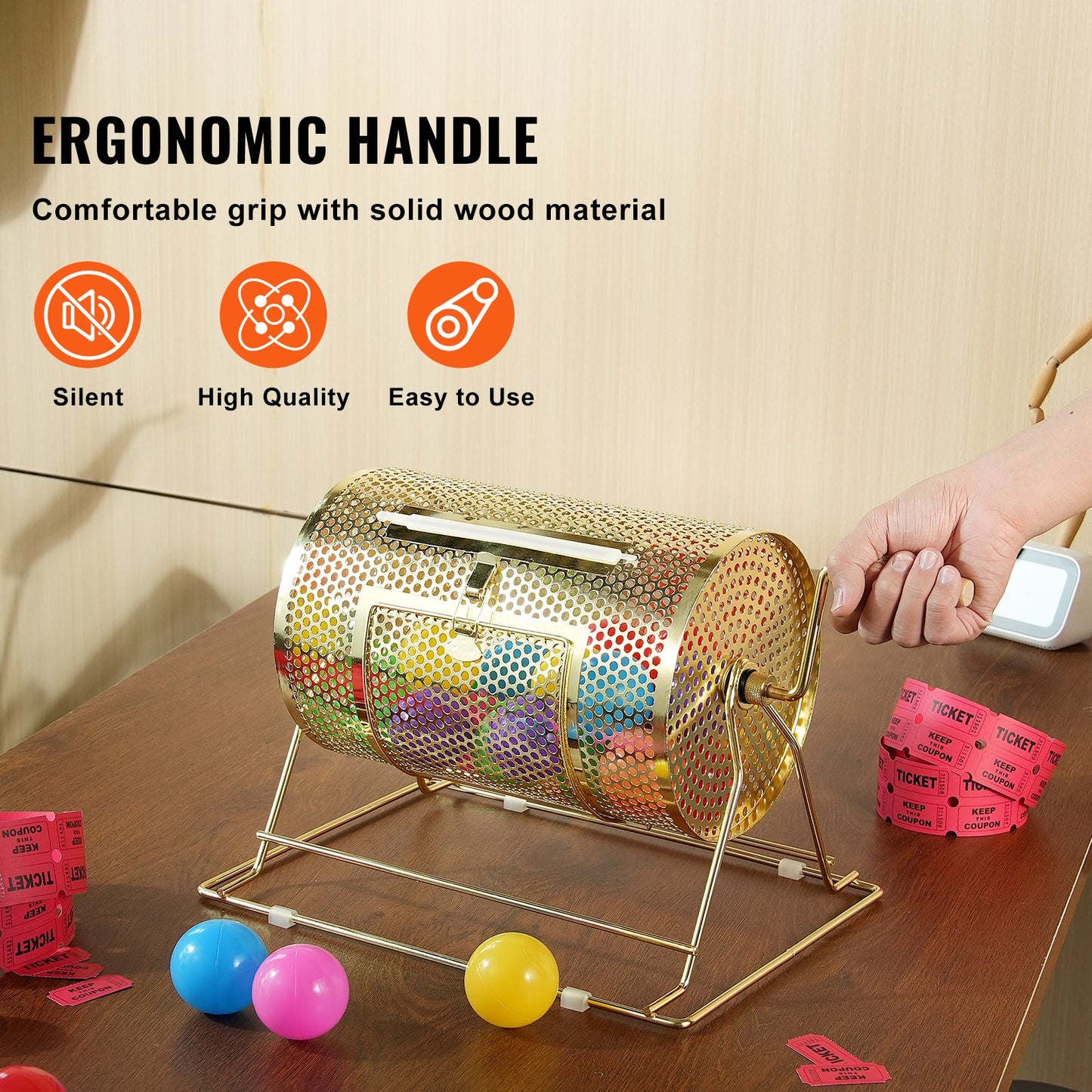 Lottery Drum, 11.6 x Ø7.48 inches, Brass Plated Lottery Ticket Spinner Cage, Holds 2,500 Tickets or 100 Ping Pong Balls, Metal Lottery Spinner Drawing with Wooden Twist Handle, for Bingo Puppy