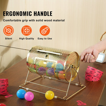 Lottery Drum, 11.6 x Ø7.48 inches, Brass Plated Lottery Ticket Spinner Cage, Holds 2,500 Tickets or 100 Ping Pong Balls, Metal Lottery Spinner Drawing with Wooden Twist Handle, for Bingo Puppy
