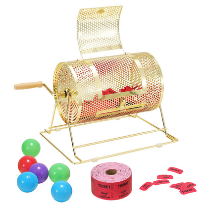 Lottery Drum, 11.6 x Ø7.48 inches, Brass Plated Lottery Ticket Spinner Cage, Holds 2,500 Tickets or 100 Ping Pong Balls, Metal Lottery Spinner Drawing with Wooden Twist Handle, for Bingo Puppy