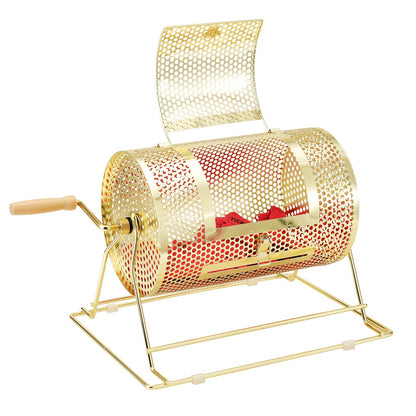 Lottery Drum, 11.6 x Ø7.48 inches, Brass Plated Lottery Ticket Spinner Cage, Holds 2,500 Tickets or 100 Ping Pong Balls, Metal Lottery Spinner Drawing with Wooden Twist Handle, for Bingo Puppy
