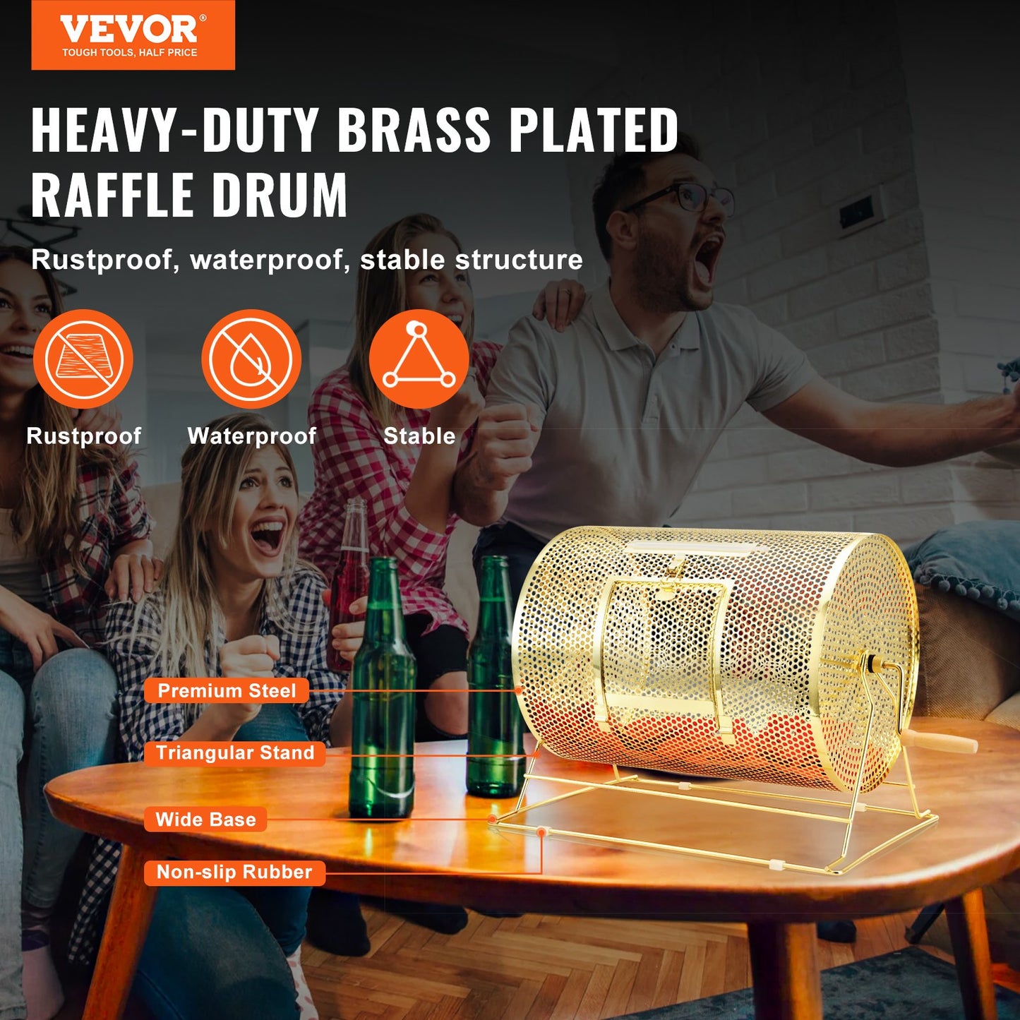 Lottery drum, 16.1 x Ø12 inch brass plated lottery ticket spinner cage, holds 5,000 tickets or 200 ping pong balls, metal lottery spinner drawing with wooden twist handle, for bingo roll part