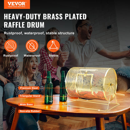 Lottery drum, 16.1 x Ø12 inch brass plated lottery ticket spinner cage, holds 5,000 tickets or 200 ping pong balls, metal lottery spinner drawing with wooden twist handle, for bingo roll part