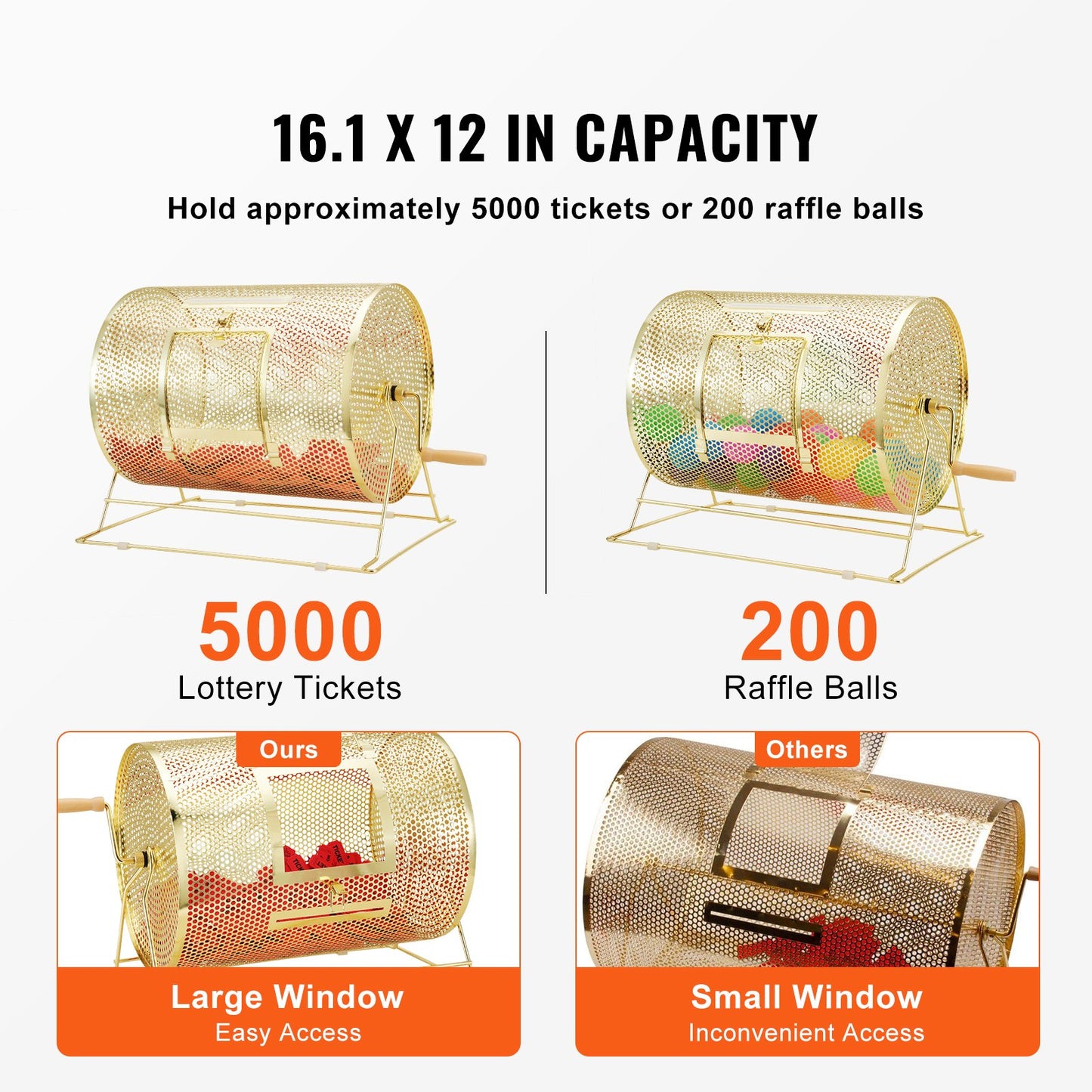 Lottery drum, 16.1 x Ø12 inch brass plated lottery ticket spinner cage, holds 5,000 tickets or 200 ping pong balls, metal lottery spinner drawing with wooden twist handle, for bingo roll part