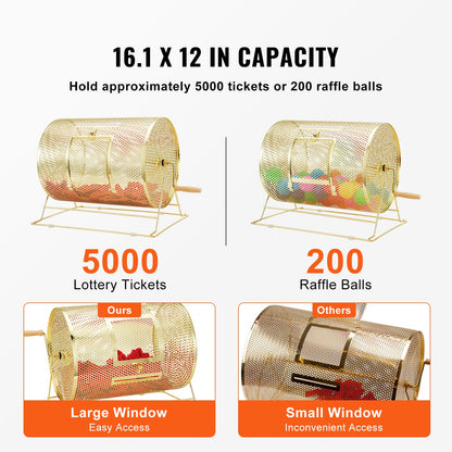 Lottery drum, 16.1 x Ø12 inch brass plated lottery ticket spinner cage, holds 5,000 tickets or 200 ping pong balls, metal lottery spinner drawing with wooden twist handle, for bingo roll part
