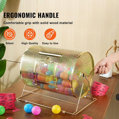 Lottery drum, 16.1 x Ø12 inch brass plated lottery ticket spinner cage, holds 5,000 tickets or 200 ping pong balls, metal lottery spinner drawing with wooden twist handle, for bingo roll part