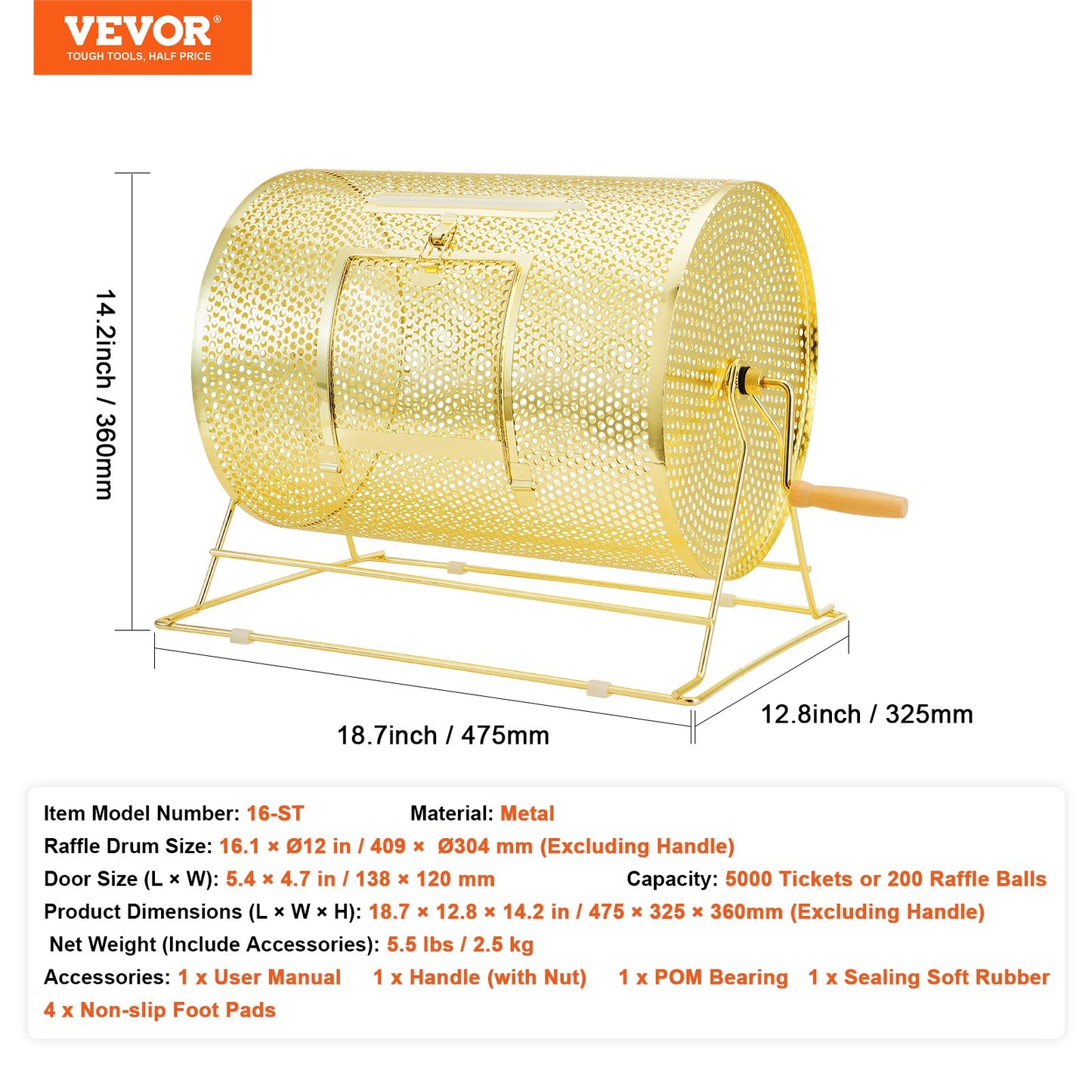 Lottery drum, 16.1 x Ø12 inch brass plated lottery ticket spinner cage, holds 5,000 tickets or 200 ping pong balls, metal lottery spinner drawing with wooden twist handle, for bingo roll part