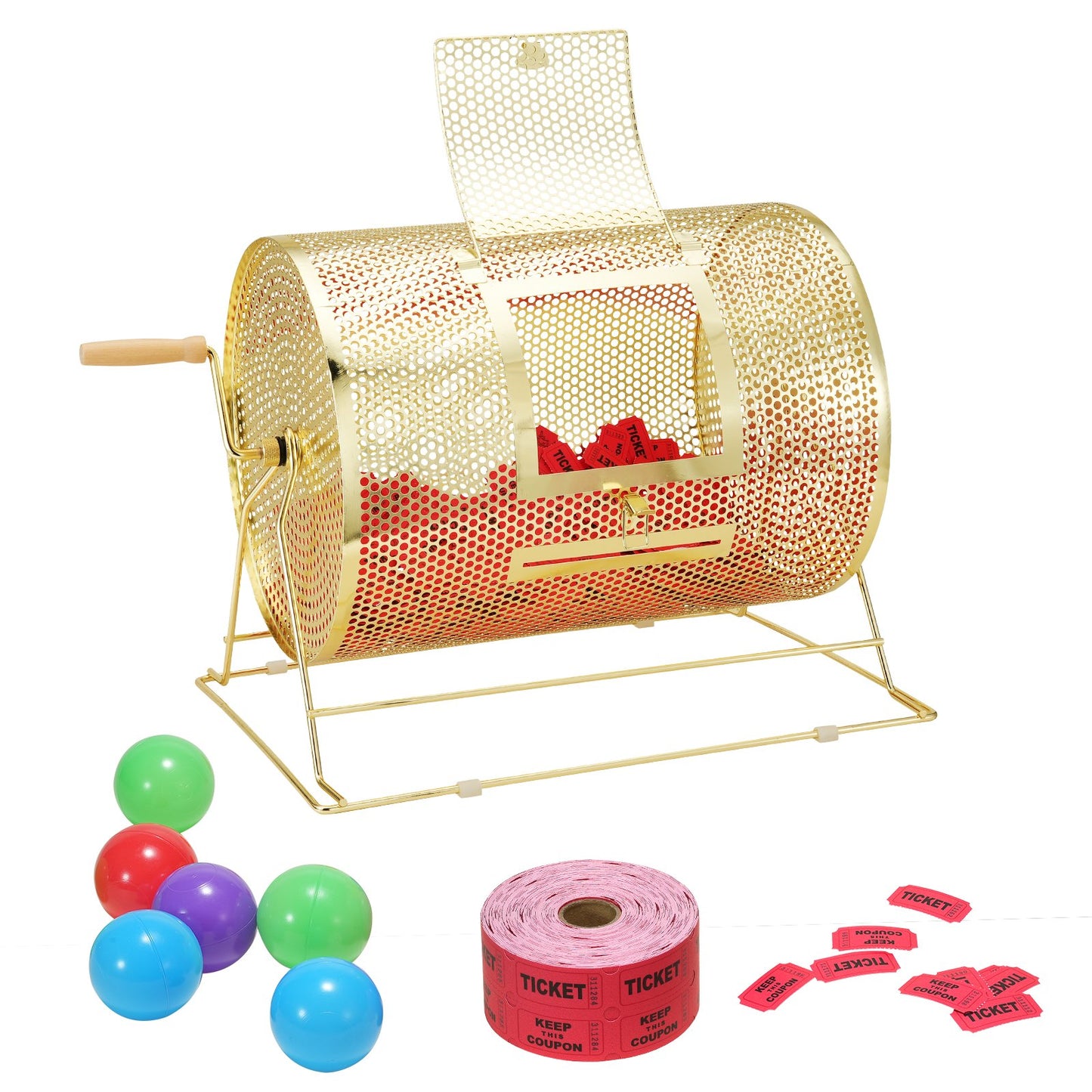 Lottery drum, 16.1 x Ø12 inch brass plated lottery ticket spinner cage, holds 5,000 tickets or 200 ping pong balls, metal lottery spinner drawing with wooden twist handle, for bingo roll part