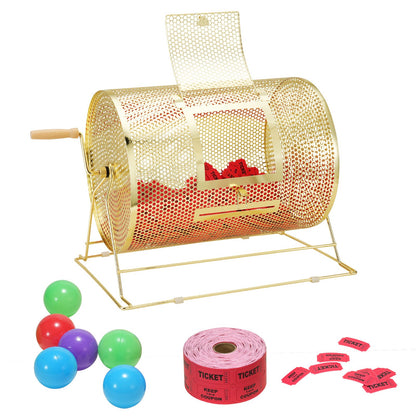 Lottery drum, 16.1 x Ø12 inch brass plated lottery ticket spinner cage, holds 5,000 tickets or 200 ping pong balls, metal lottery spinner drawing with wooden twist handle, for bingo roll part