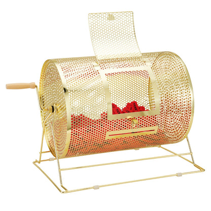 Lottery drum, 16.1 x Ø12 inch brass plated lottery ticket spinner cage, holds 5,000 tickets or 200 ping pong balls, metal lottery spinner drawing with wooden twist handle, for bingo roll part