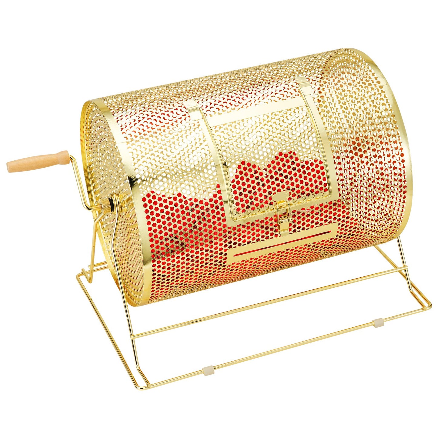 Lottery drum, 16.1 x Ø12 inch brass plated lottery ticket spinner cage, holds 5,000 tickets or 200 ping pong balls, metal lottery spinner drawing with wooden twist handle, for bingo roll part