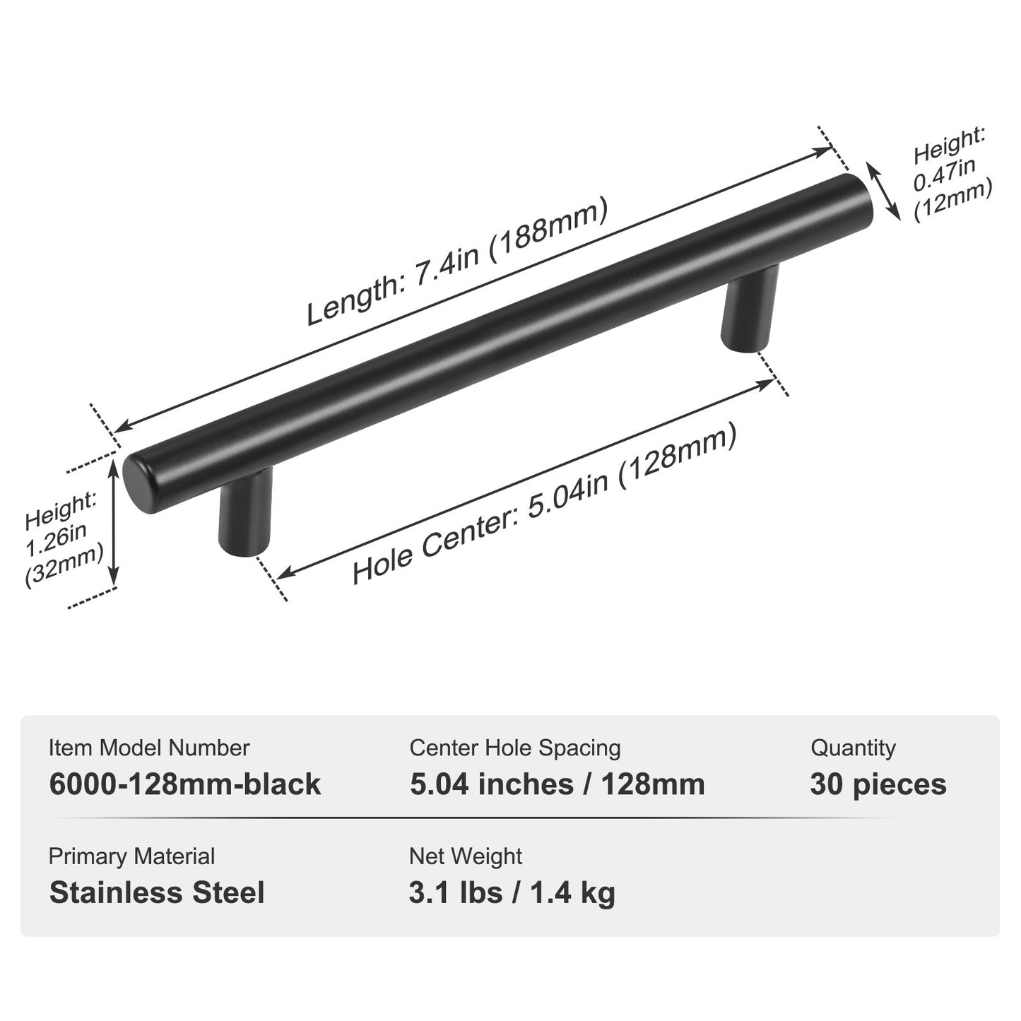 30-Pack Cabinet Pulls, 5.03 Inch / 128 mm Center to Center Slim Kitchen Cabinet Drawer Pulls, Stainless Steel Modern Kitchen Cabinet Door Handles for Kitchen Bathroom Bar Hardware Matte Black