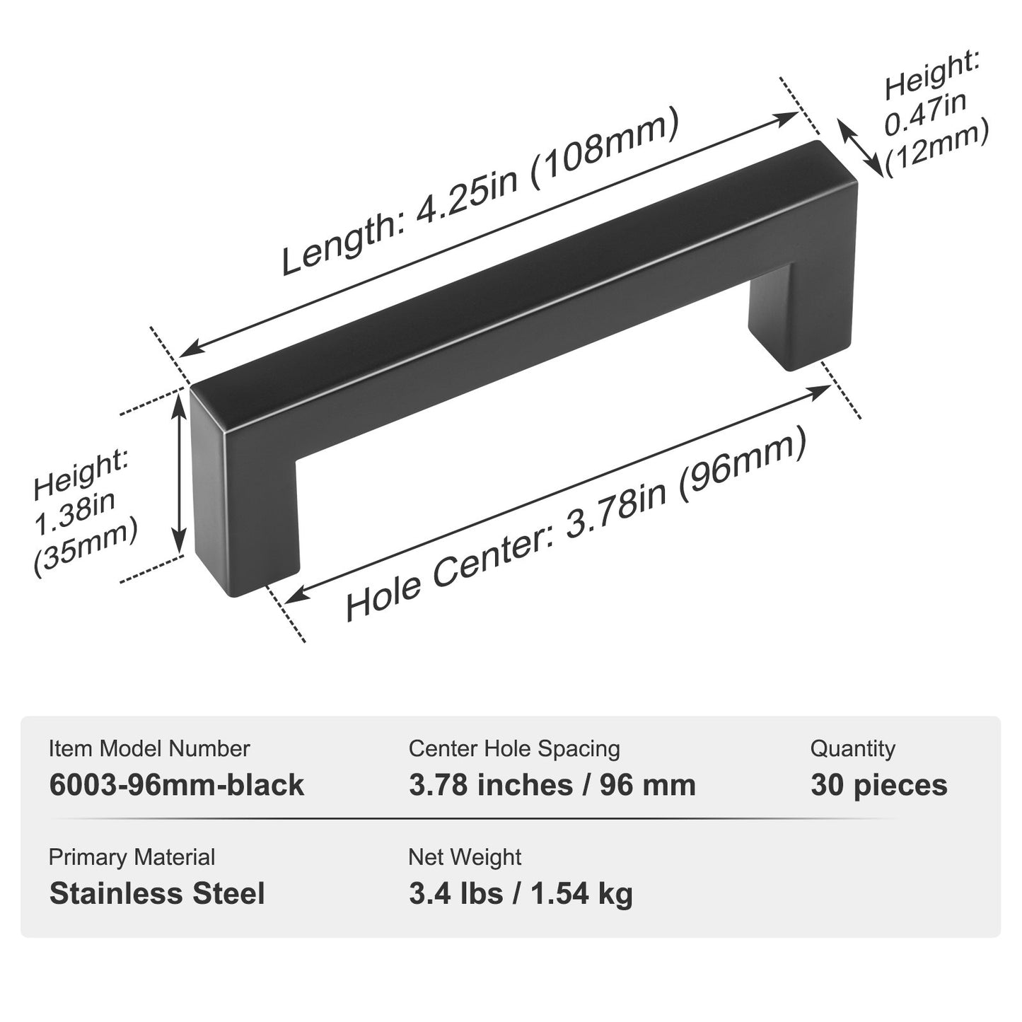 30er-Pack Schrankgriffe, 96 mm Mittenabstand, schmale quadratische Schubladengriffe für Küchenschränke, moderne Türgriffe aus Edelstahl für Küchen, Badezimmer, Bar, Hardware, Mattschwarz