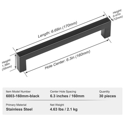 30-pack skåpdrag, 6,3 tum/160 mm Center till Center Slim Square Köksskåp Låda, rostfritt stål Modernt köksskåp Dörrhandtag för kök Badrum Bar hårdvara Mattsvart