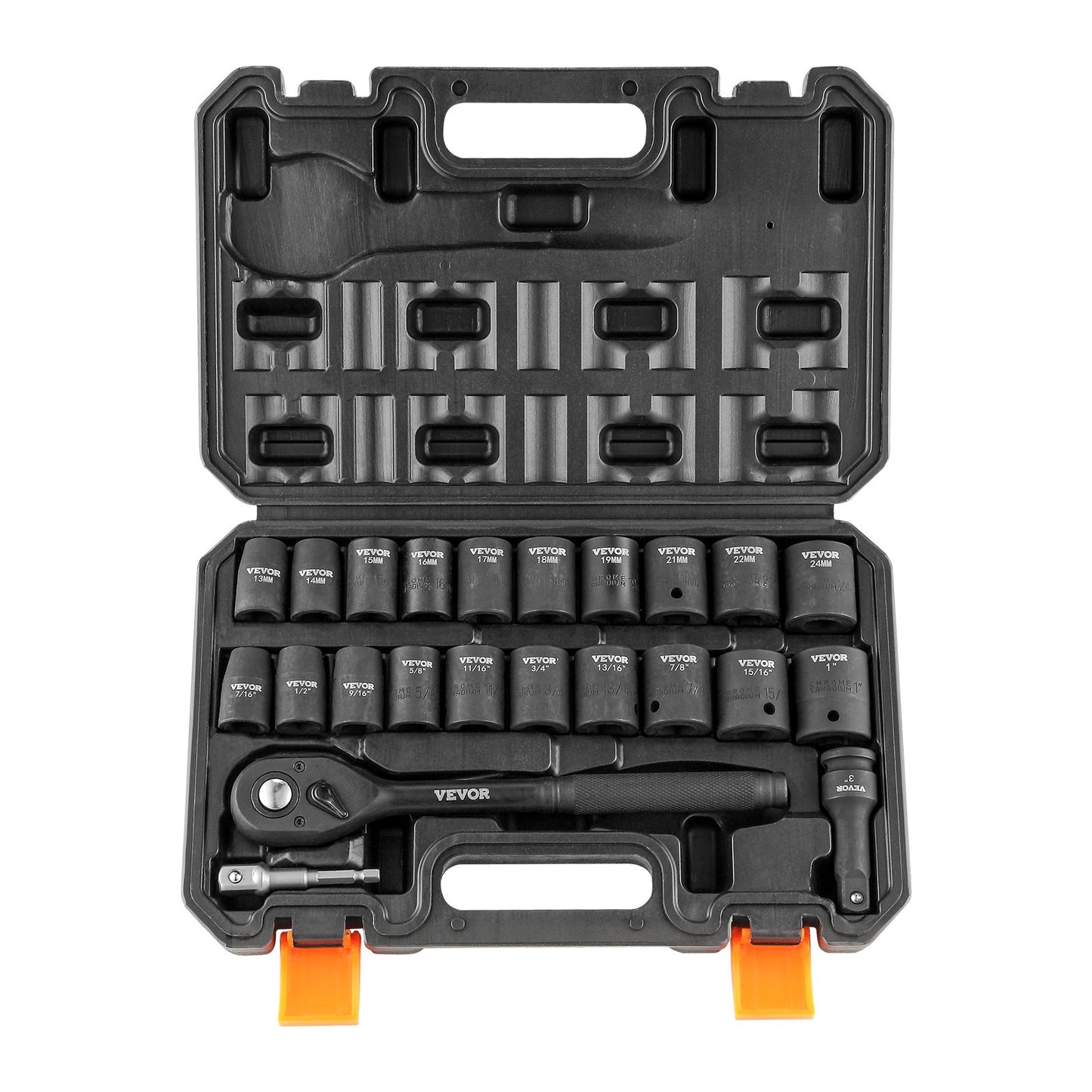 1/2" Drive Impact Socket Set, 23-Piece Socket Set SAE（7/16" -1")&amp; Metric（13-24mm）6 Points Cr-V Alloy Steel for Car Repair with Ratchet Handle Rugged Construction Storage Case