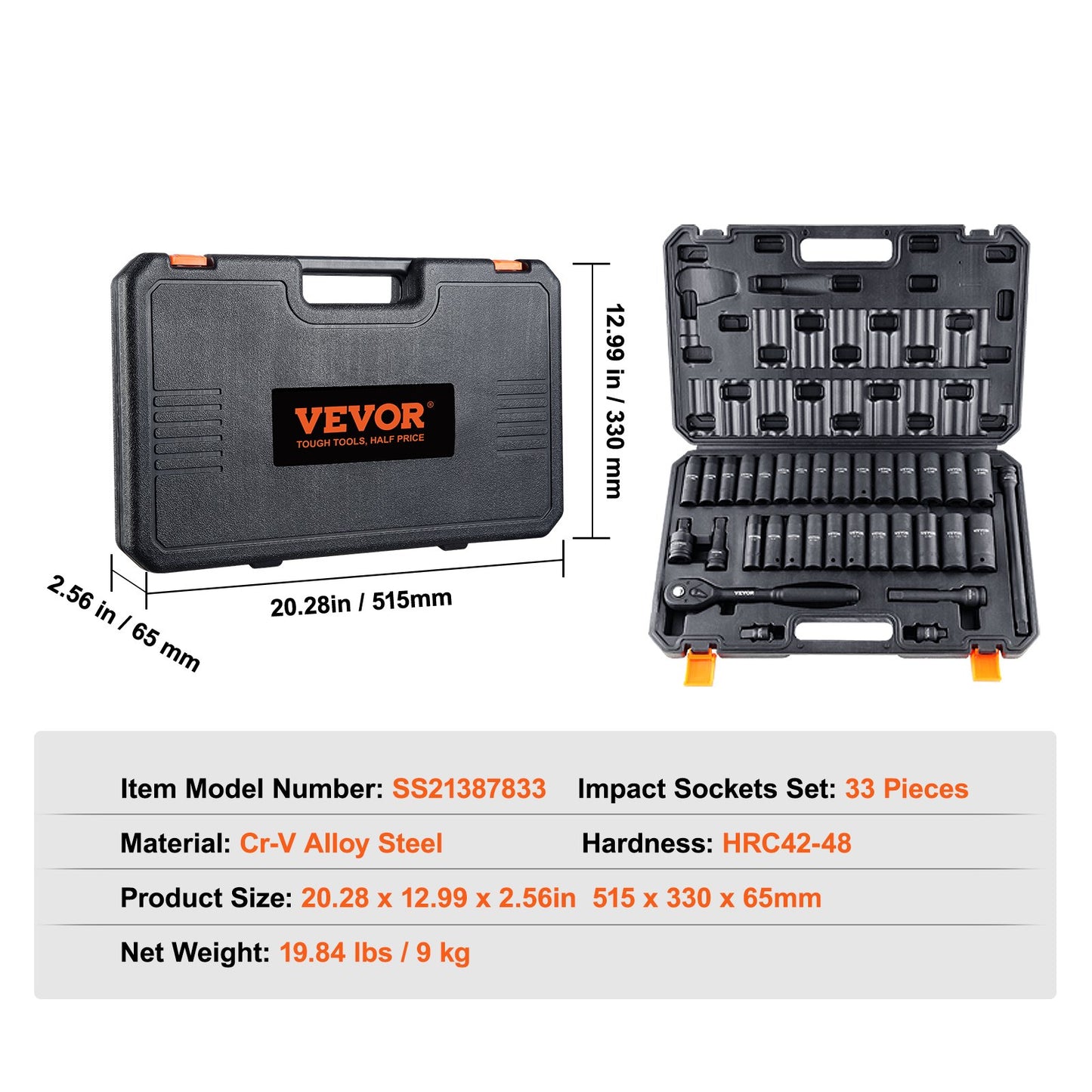 1/2" Drive Impact Socket Set, 33-piece Socket Set SAE 3/8"-1" and metric 10-24mm, 6-point Cr-V alloy steel for automotive repair, easy-to-read size markings, Robust construction, Includes storage case