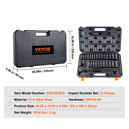 1/2" Drive Impact Socket Set, 33-piece Socket Set SAE 3/8"-1" and metric 10-24mm, 6-point Cr-V alloy steel for automotive repair, easy-to-read size markings, Robust construction, Includes storage case