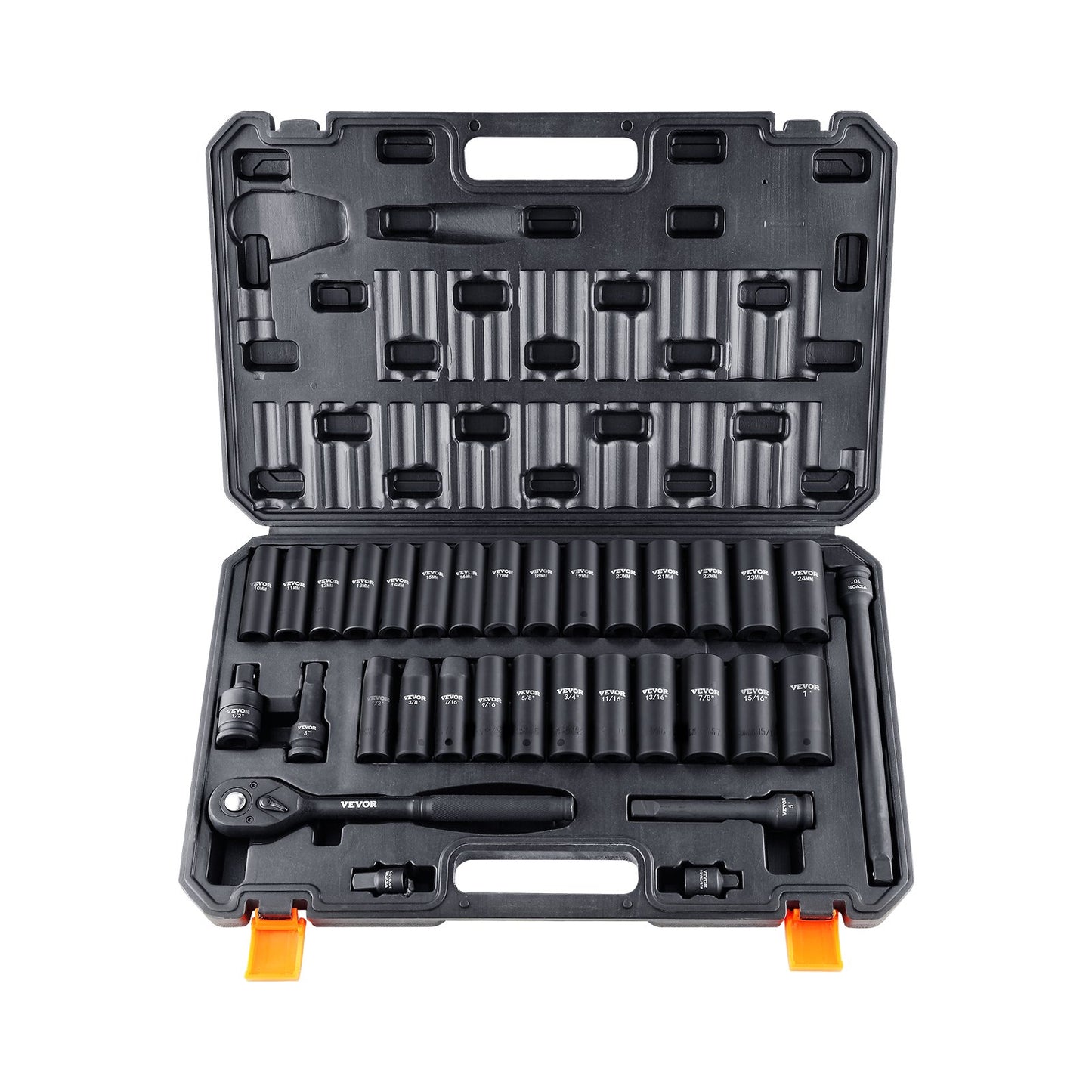 1/2" Drive Impact Socket Set, 33-piece Socket Set SAE 3/8"-1" and metric 10-24mm, 6-point Cr-V alloy steel for automotive repair, easy-to-read size markings, Robust construction, Includes storage case