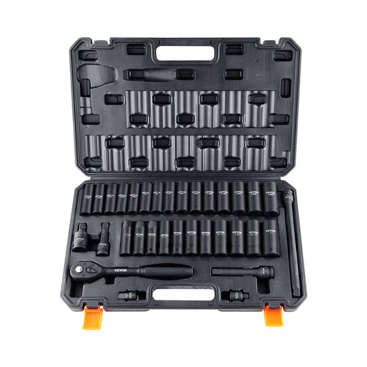 1/2" Drive Impact Socket Set, 33-piece Socket Set SAE 3/8"-1" and metric 10-24mm, 6-point Cr-V alloy steel for automotive repair, easy-to-read size markings, Robust construction, Includes storage case