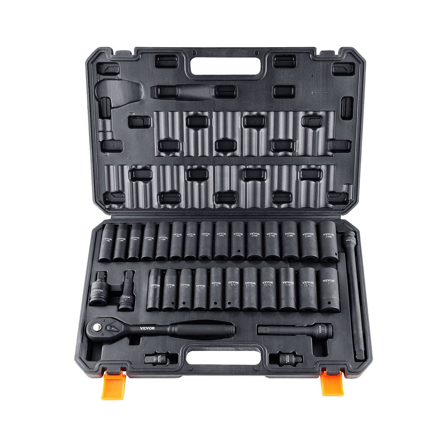1/2" Drive Impact Socket Set, 33-piece Socket Set SAE 3/8"-1" and metric 10-24mm, 6-point Cr-V alloy steel for automotive repair, easy-to-read size markings, Robust construction, Includes storage case