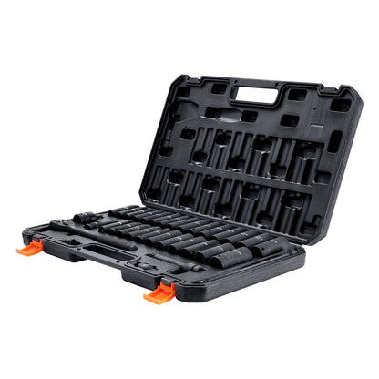 1/2" Drive Impact Socket Set, 33-piece Socket Set SAE 3/8"-1" and metric 10-24mm, 6-point Cr-V alloy steel for automotive repair, easy-to-read size markings, Robust construction, Includes storage case