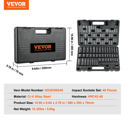3/8" Drive Impact Socket Set, 48 delars Socket Set SAE （5/16" -3/4"） & Metrisk （8-22mm）6 Points Cr-V Drive Extension Bar Universal Joint & Power Drill Adapter Inkluderar förvaringsväska