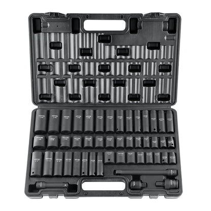3/8" Drive Impact Socket Set, 48 delars Socket Set SAE （5/16" -3/4"） & Metrisk （8-22mm）6 Points Cr-V Drive Extension Bar Universal Joint & Power Drill Adapter Inkluderar förvaringsväska