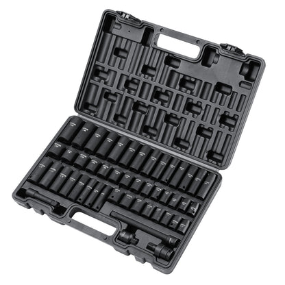 3/8" Drive Impact Socket Set, 48 delars Socket Set SAE （5/16" -3/4"） & Metrisk （8-22mm）6 Points Cr-V Drive Extension Bar Universal Joint & Power Drill Adapter Inkluderar förvaringsväska