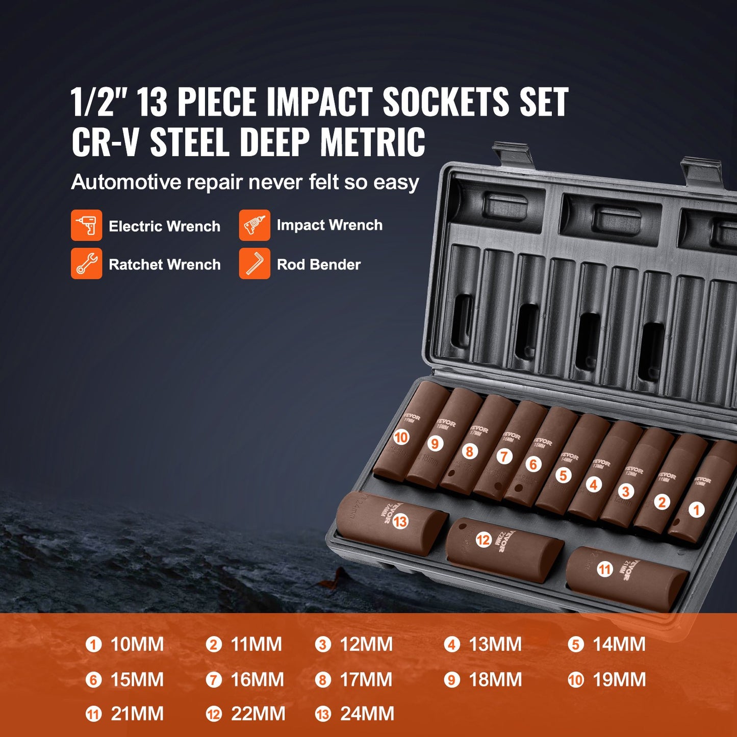 1/2" Drive Impact Socket Set, 13-delads djupsockelset Metrisk 10-24 mm, 6-punkts CR-V legerat stål för bilreparation, lättlästa storleksmarkeringar, Robust konstruktion, Inkluderar förvaringsväska