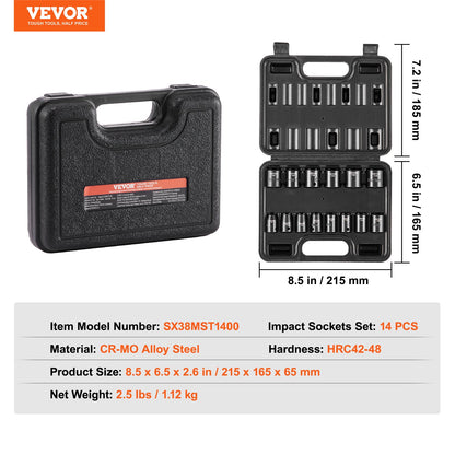 Schlagschrauber-Set, 14-teilig, 6-Punkt-Bits, 3/8-Zoll-Antrieb, Ratschen-Werkzeugsatz, Koffer