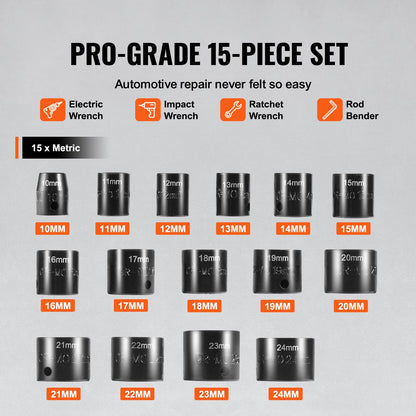 Impact Sockets Set 15st 6-Points 3/8" Drive Bit Ratchet Tool Kit 10-24mm