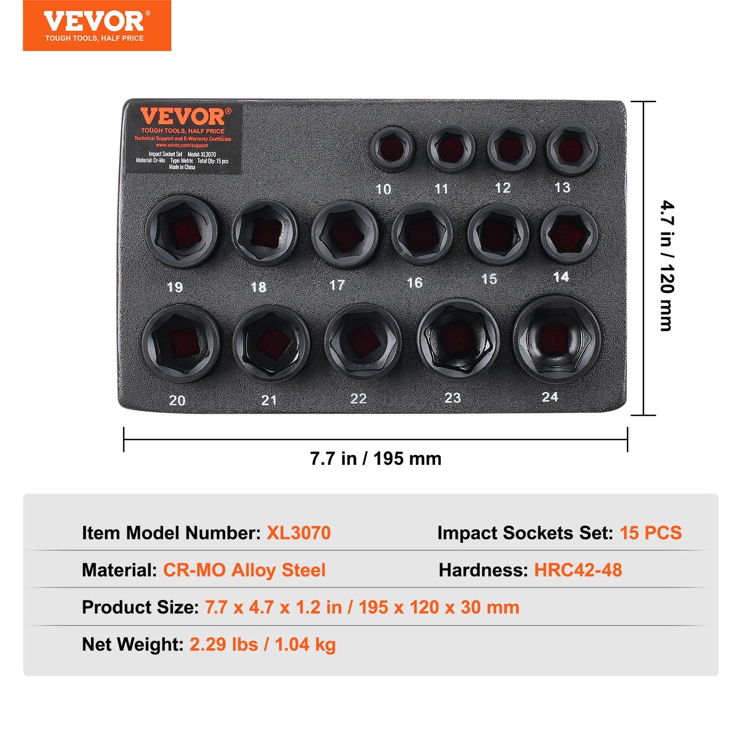 Impact Sockets Set 15st 6-Points 3/8" Drive Bit Ratchet Tool Kit 10-24mm