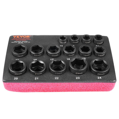 Impact Sockets Set 15st 6-Points 3/8" Drive Bit Ratchet Tool Kit 10-24mm