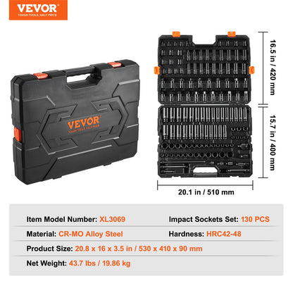Impact Sockets Set 130PCS 6-Point 3/8" & 1/2" Drive Bit Ratchet Tool Kit