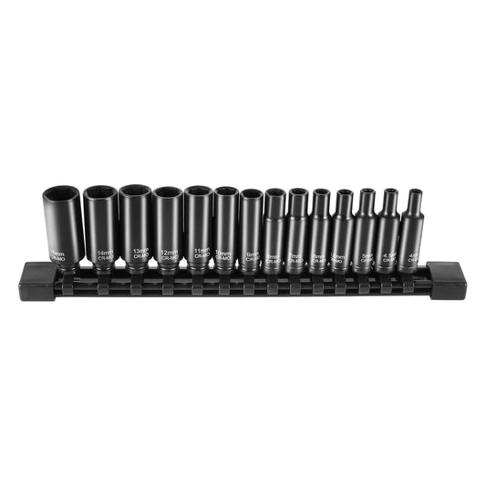 Impact Sockets Set 14PCS 6-Points 1/4" Deep Socket Set Metrisk 4-15mm Cr-Mo