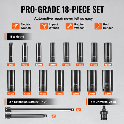 Impact Sockets Set 18st 6-Points 3/8" Drive Bit Ratchet Tool Kit Case
