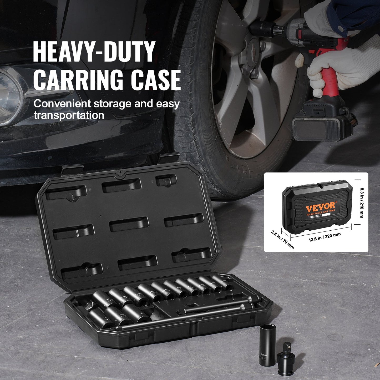 Impact Sockets Set 18st 6-Points 3/8" Drive Bit Ratchet Tool Kit Case