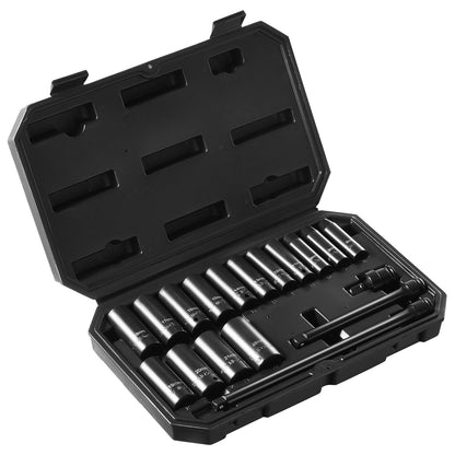 Impact Sockets Set 18st 6-Points 3/8" Drive Bit Ratchet Tool Kit Case