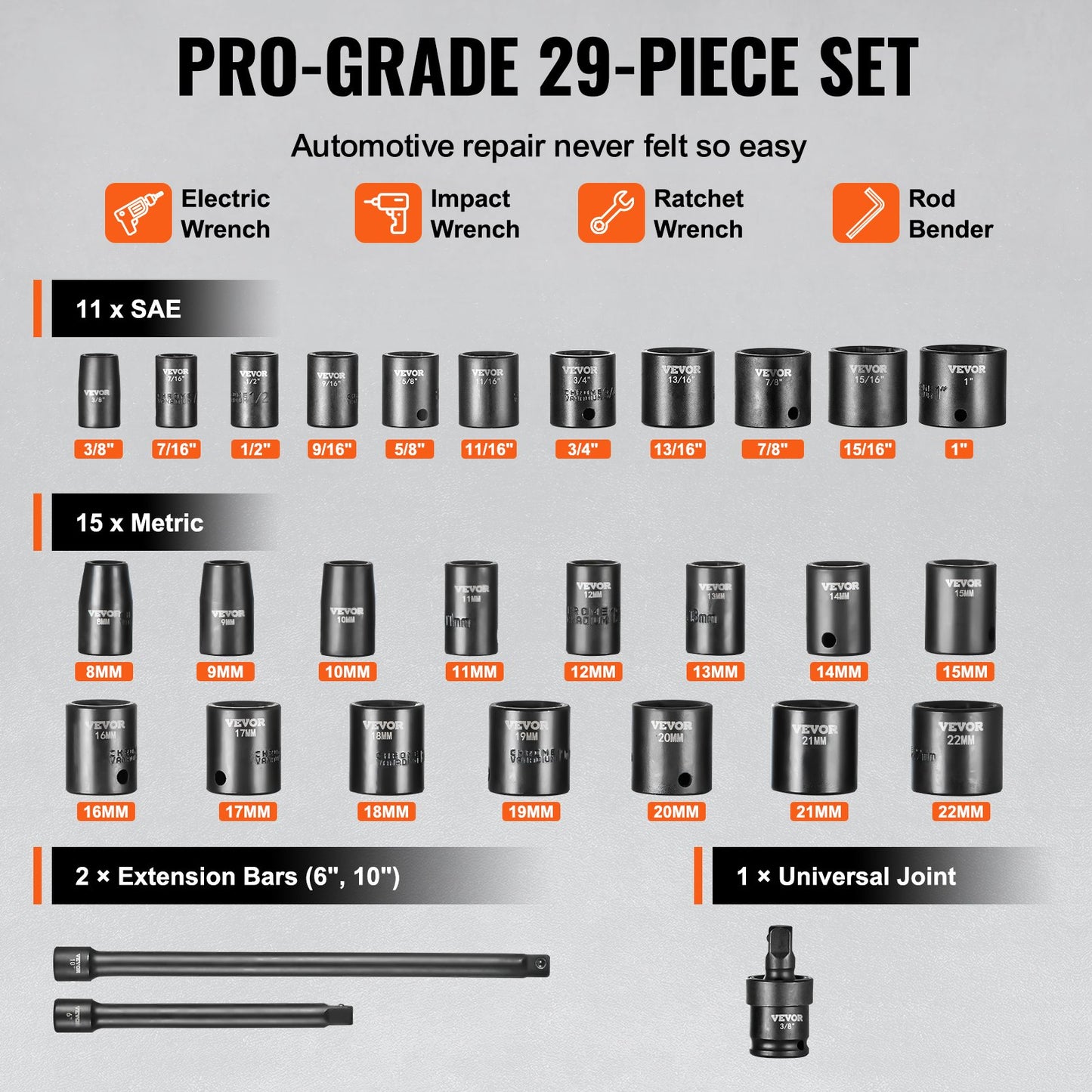 Schlagschrauber-Set, 29-teilig, 6-Punkt-Bits, 3/8-Zoll-Antrieb, Ratschen-Werkzeugsatz, Koffer