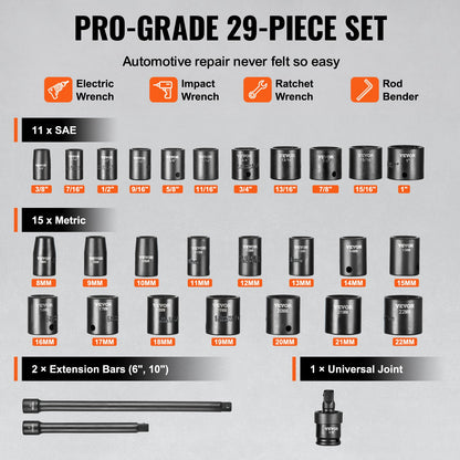 Schlagschrauber-Set, 29-teilig, 6-Punkt-Bits, 3/8-Zoll-Antrieb, Ratschen-Werkzeugsatz, Koffer