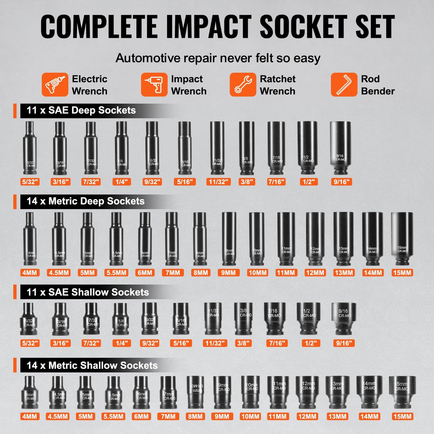 Impact Sockets Set 55 st 6-Points 1/4" Drive Bit Ratchet Tool Kit Case