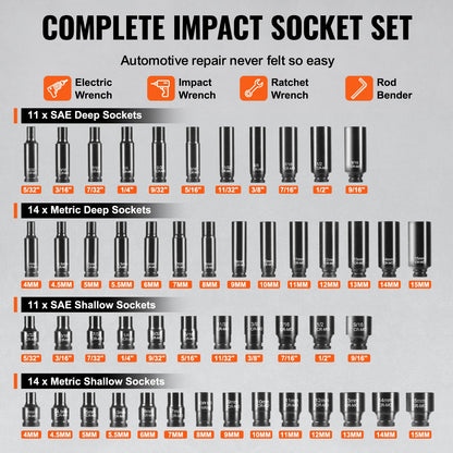 Impact Sockets Set 55 st 6-Points 1/4" Drive Bit Ratchet Tool Kit Case