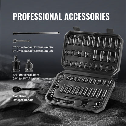 Impact Sockets Set 55 st 6-Points 1/4" Drive Bit Ratchet Tool Kit Case