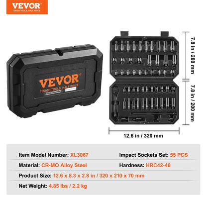 Impact Sockets Set 55 st 6-Points 1/4" Drive Bit Ratchet Tool Kit Case