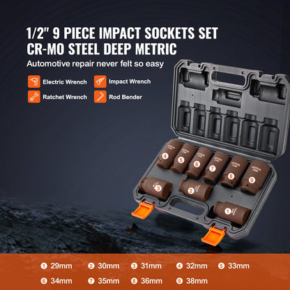 1/2" Drive Impact Socket Set, 9 delar djupt Socket Set Metrisk 29-38mm, 6 Point Cr-Mo legerat stål för bilreparation, lättlästa storleksmärkningar, Robust konstruktion, Inkluderar förvaringsväska