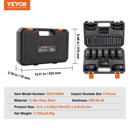 1/2" Drive Impact Socket Set, 9 delar djupt Socket Set Metrisk 29-38mm, 6 Point Cr-Mo legerat stål för bilreparation, lättlästa storleksmärkningar, Robust konstruktion, Inkluderar förvaringsväska