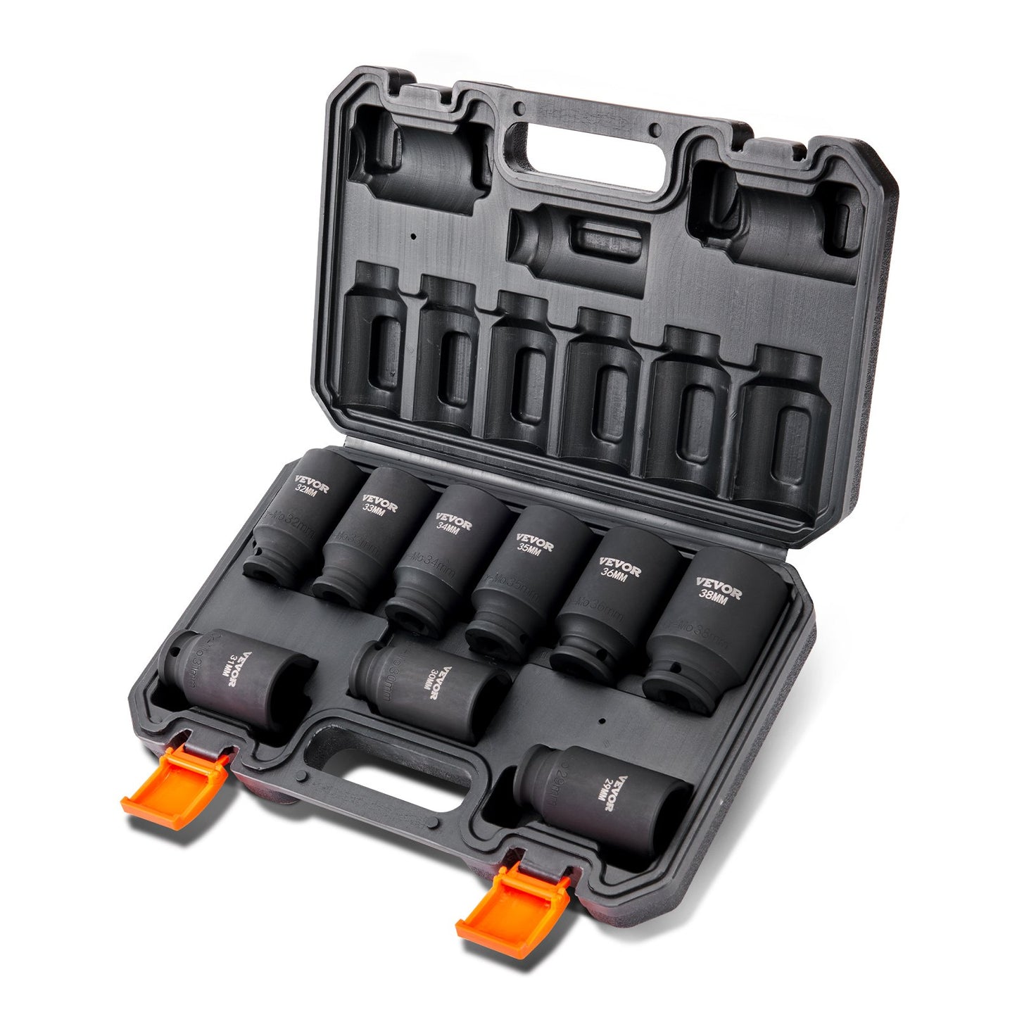 1/2" Drive Impact Socket Set, 9 delar djupt Socket Set Metrisk 29-38mm, 6 Point Cr-Mo legerat stål för bilreparation, lättlästa storleksmärkningar, Robust konstruktion, Inkluderar förvaringsväska