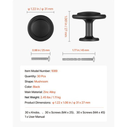 Skåpknoppar, 30-pack, 31 mm svarta zinklegeringshandtag, svampformade köksknoppar, byråhandtag, skåpbeslag med skruvar för badrumsskåp, lådor |  EU