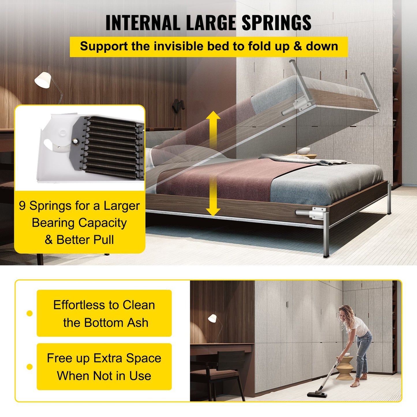 Murphy Assembly Wall Springs Mechanism Heavy Duty Support Hardware DIY Kit for King Queen Bed (Vertical), White